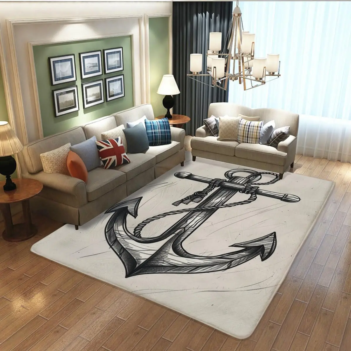 The Marine Anchor Print Rug has a Domineering Design  Customizable ship name Washable Soft Low Pile Room Decoration Nautical Rug
