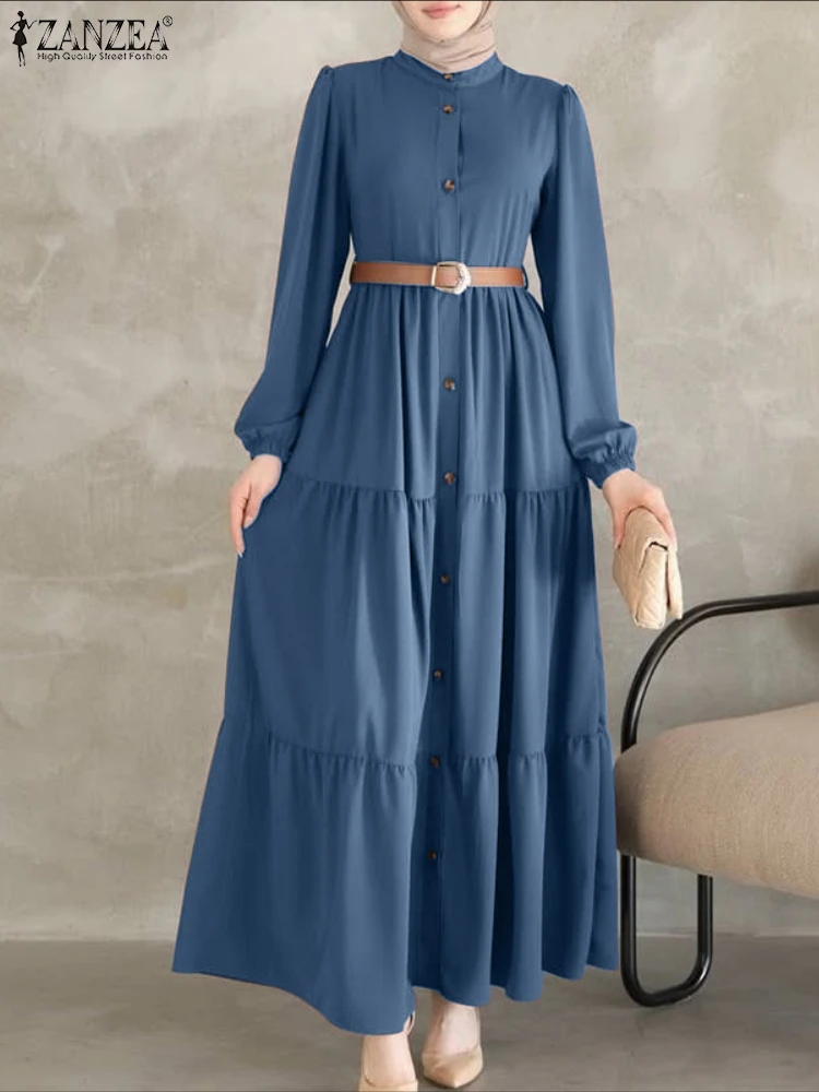 Elegant Muslim Abaya Dress ZANZEA Women's Dresses 2025 Fashion O Neck Long Sleeve Sundress Pleated Robe Buutons Vestidos Kaftan