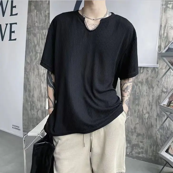 Summer Design Short-sleeved T-shirt Men's Hong Kong Style Brand Loose Waffle Top Niche High-end Concave and Convex Collar Trend