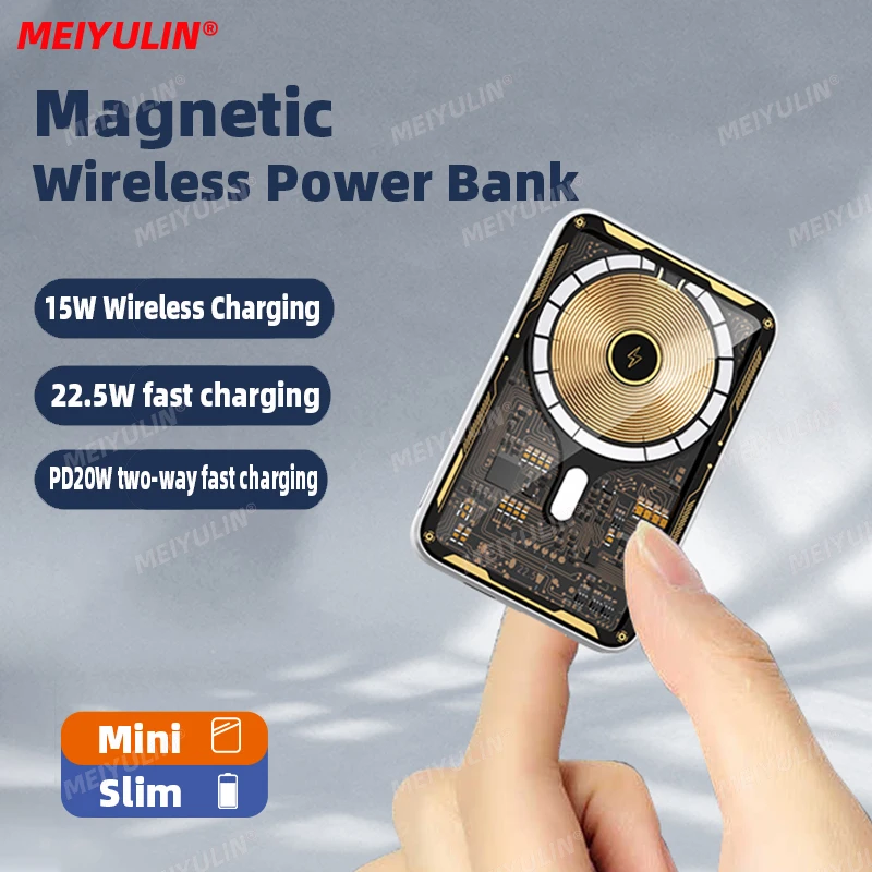 10000mah Magnetic Power Bank 15W Wireless Fast Charger 5000mAh Portable Transparent External Spare Battery for iPhone 15 Samsung