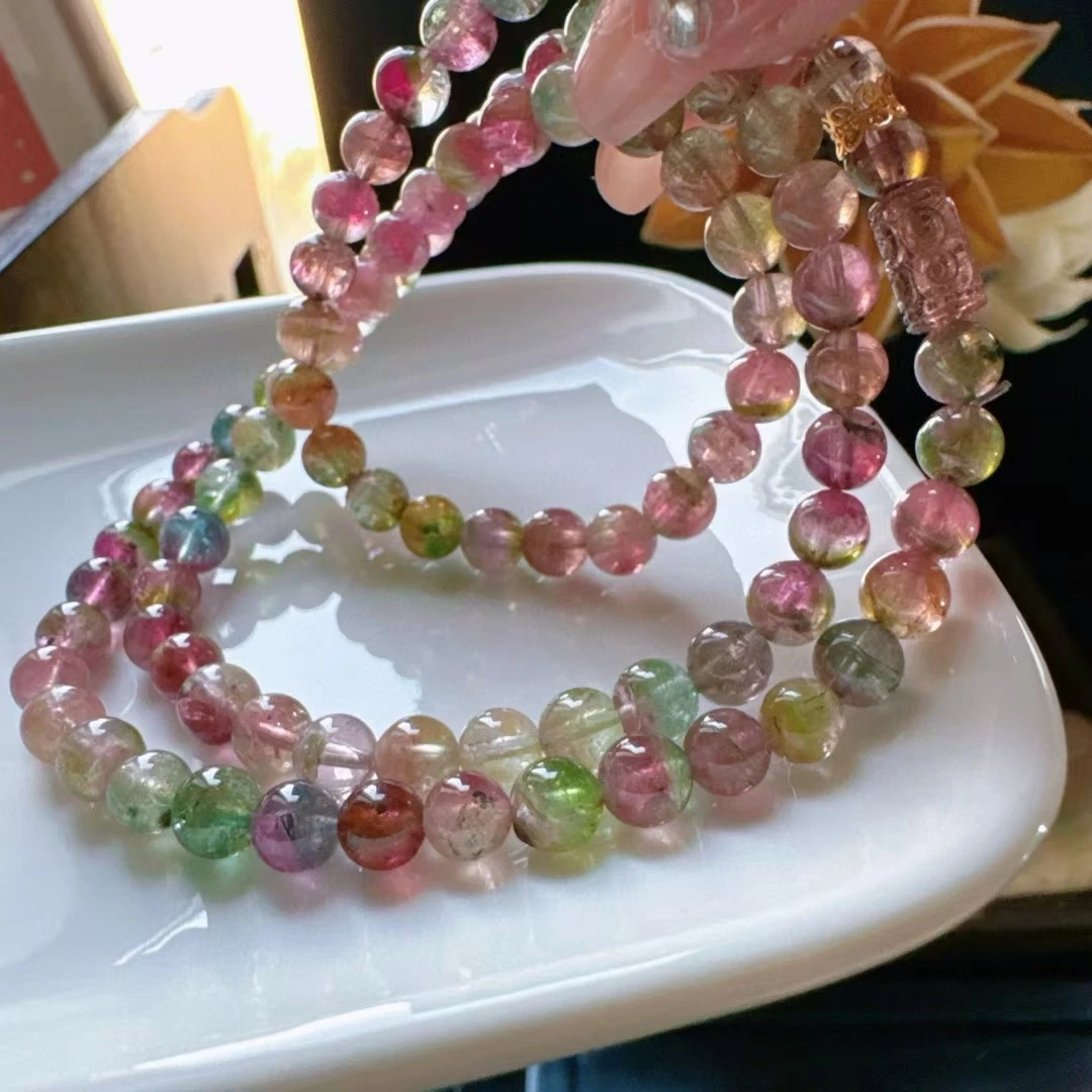 Natural Colorful Tourmaline Clear Round Beads Bracelet 6.2mm Red Watermelon Tourmaline Women Men Jewelry AAAAAAA