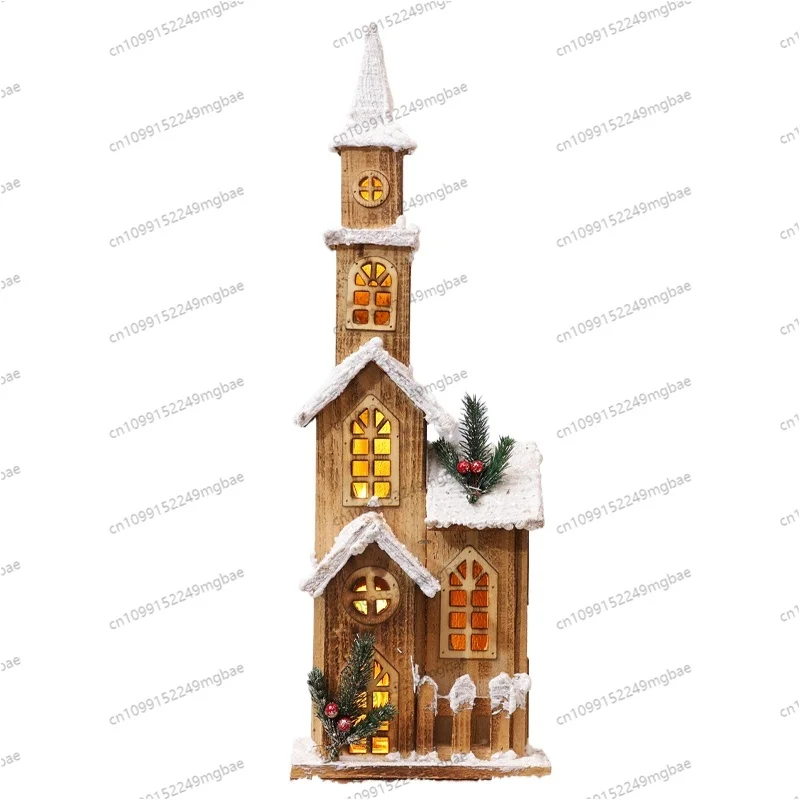 Christmas scene glowing wooden house castle small house hotel shopping mall window large beauty Chen