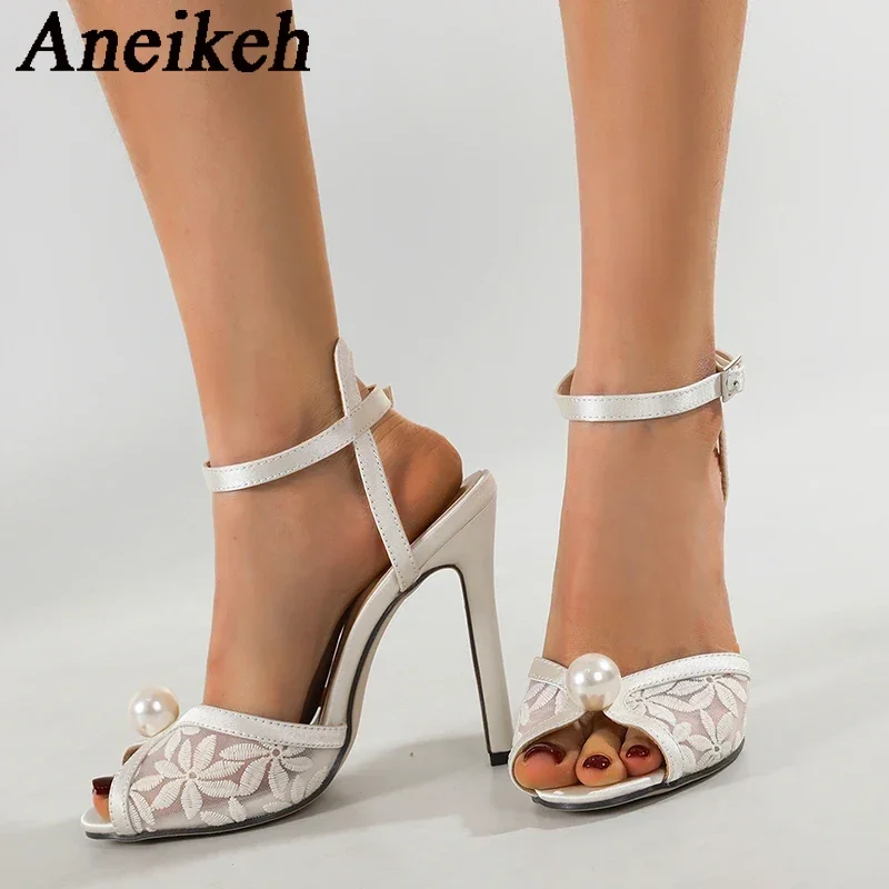 Aneikeh Fashion Summer Lace Mesh Pearls Peep Toe Women Gladiator Sandals Sexy Ankle Strap High Heel Ladies Party Dress Shoes