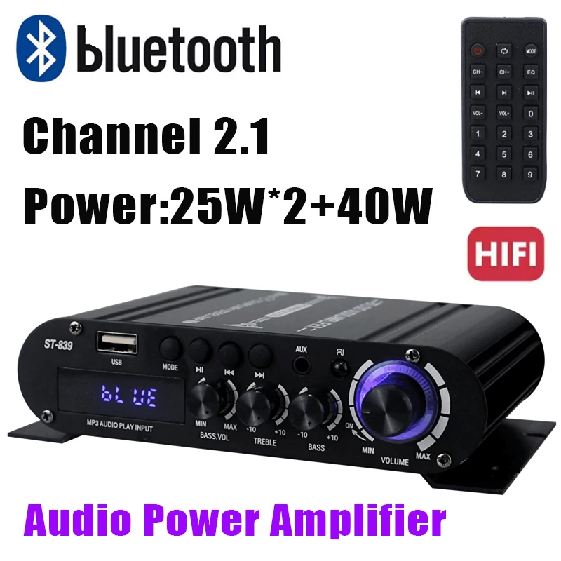 2.1 Channel BT 5.0 Stereo Power Amplifier ST-839 25W*2+40W Audio Amplifier Portable Sound Amplifier Car Home Theater Amplifiers