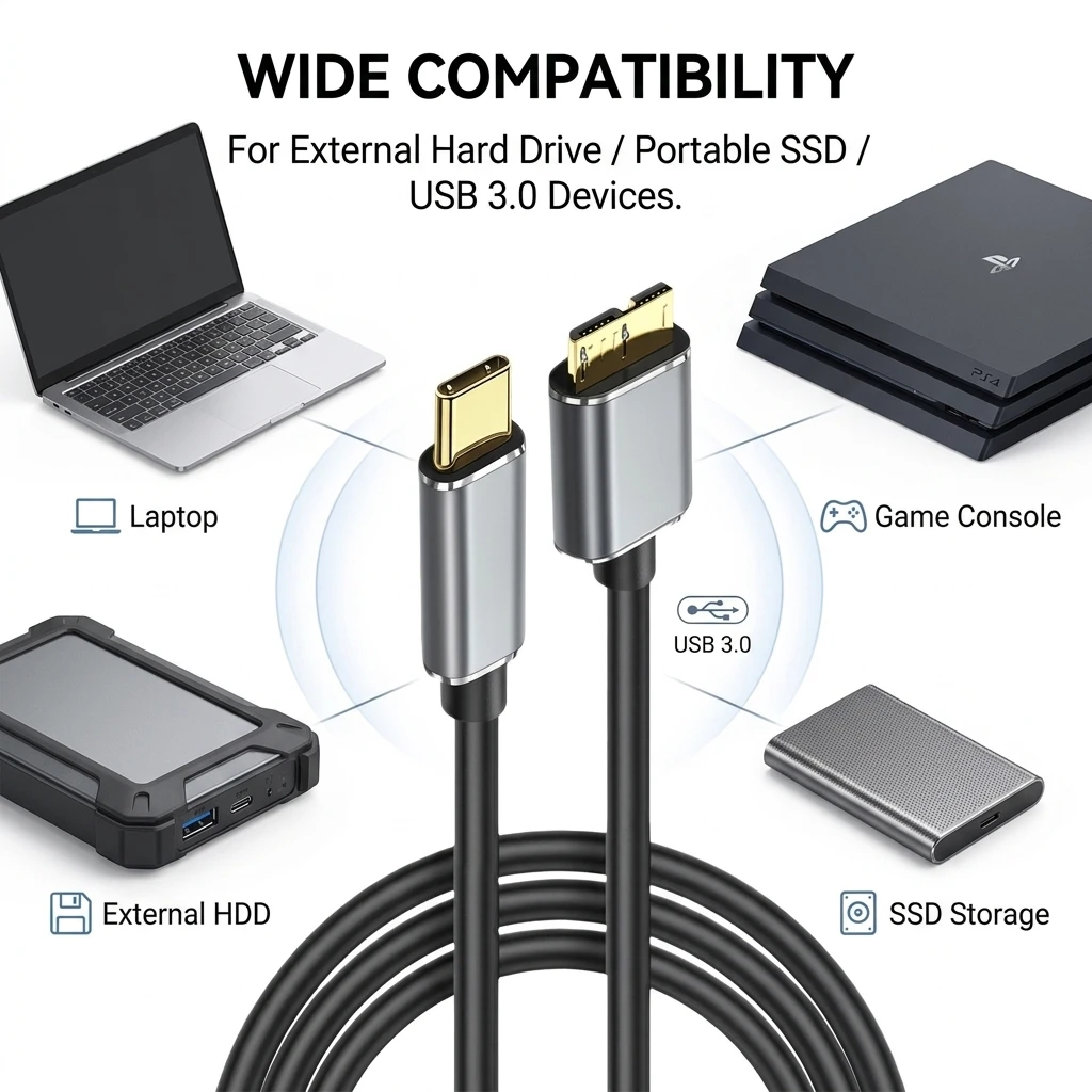 USB C to Micro B Cable USB 3.1 Gen1 Data Cable High Speed Transfer Cord for External Hard Drive HDD SSD Mobile Disk