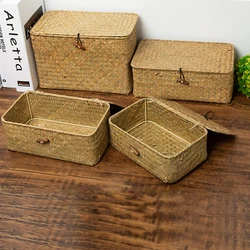 Hand-woven Wicker Storage Box Natural Seagrass Storage Baskets with Lid Sundries Container Household Rectangular Organizer