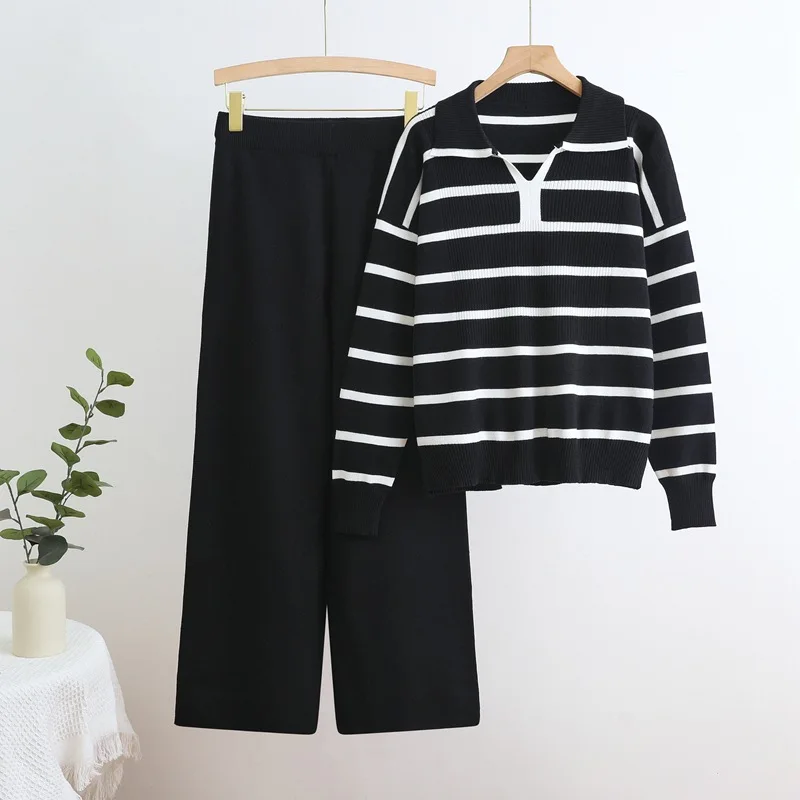 

Autumn and Winter Collar Striped Knitted Wide Leg Pants Set Loose Temperament Two-piece Set for Women