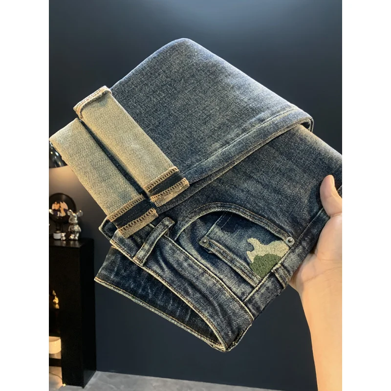 Осень 2024, новые синие модные джинсы в стиле ретро, мужские универсальные уличные модные повседневные эластичные брюки на маленьких ножках