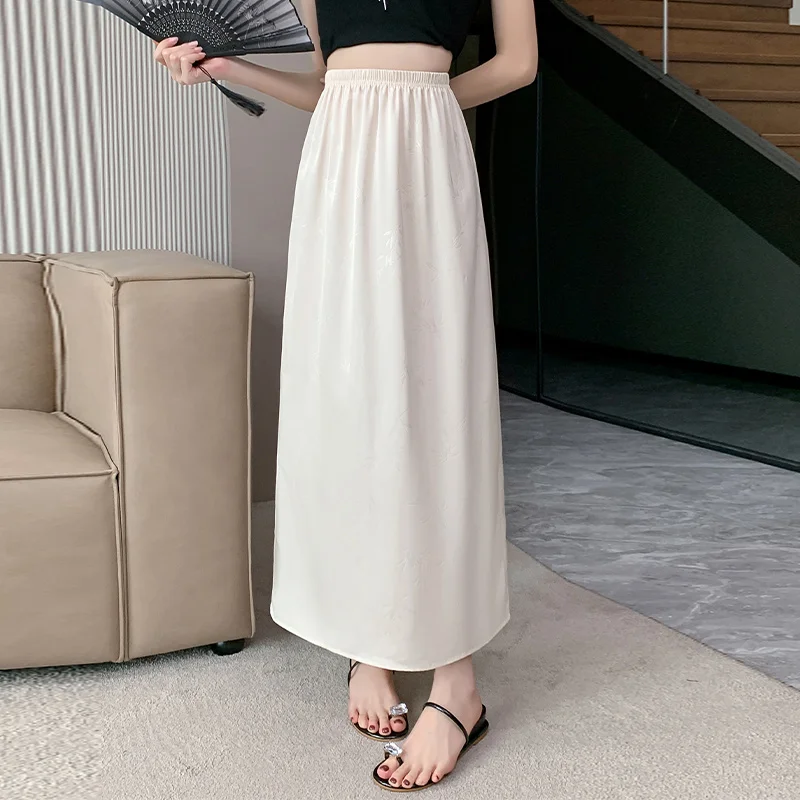 Seoulish กระโปรงผ้าซาตินแจ็คการ์ดสำหรับผู้หญิงกระโปรงมีจีบกลางเอวสูงสำหรับฤดูใบไม้ผลิและฤดูร้อน