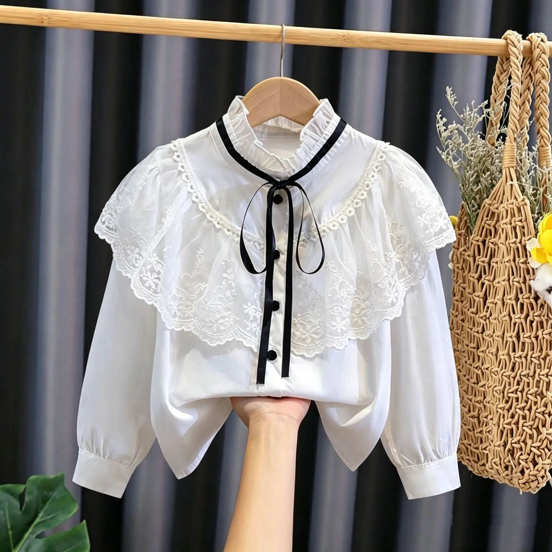 Girls Spring Autumn 2026 Cotton Student Long Sleeve White Shirt Childrens Lace Childrens Shirt