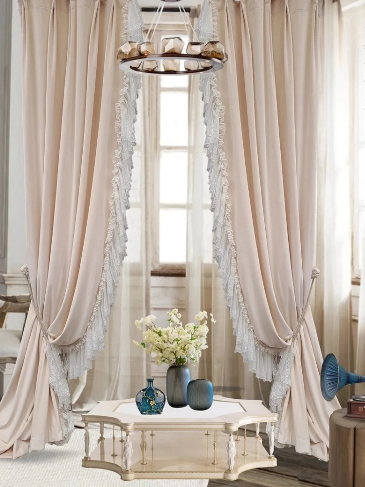 

French Light Luxury Curtains for Living Room American Bedroom Romantic Retro European-style White Lace Curtains
