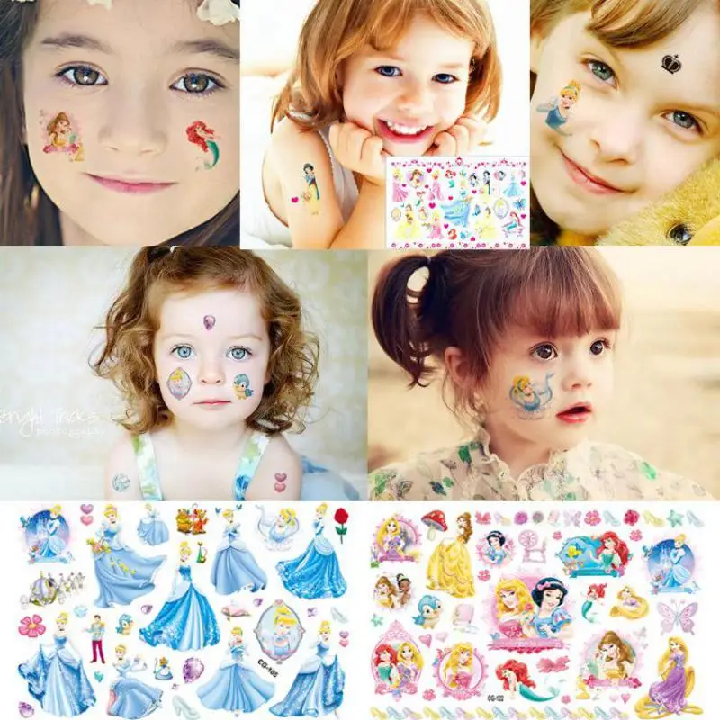 Disney Princess Tattoo Sticker Cartoon Snow White Belle Ariel Figure Sticker Toy for Girls Children's Birthday Party Gift