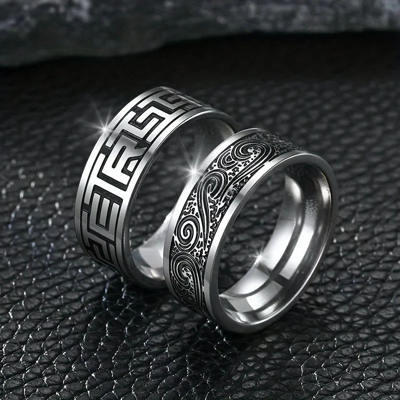 2pcs/set Vintage Stainless Steel Ring, 8mm Vintage Geometric Graphic Ring, Men's Jewelry  Men's Women's Dating Wedding Rings