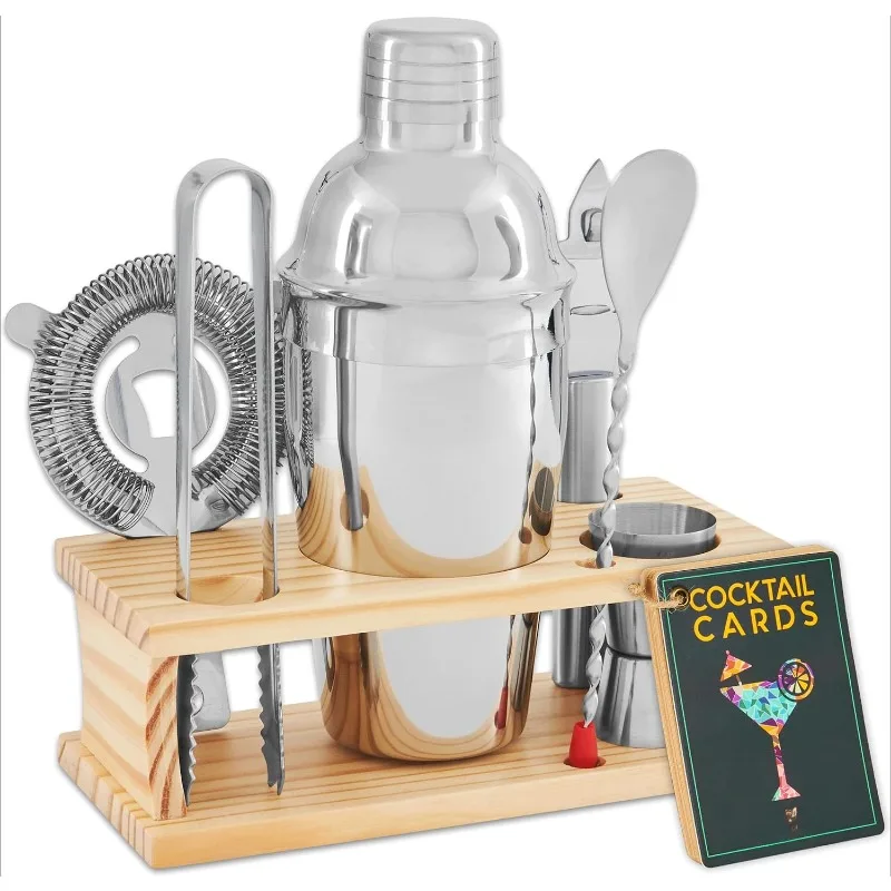 

Bartender Kit - 8-count Cocktail Shaker Set with Wood Stand, Recipe Cards, and Bar Accessories Ideas (Silver)