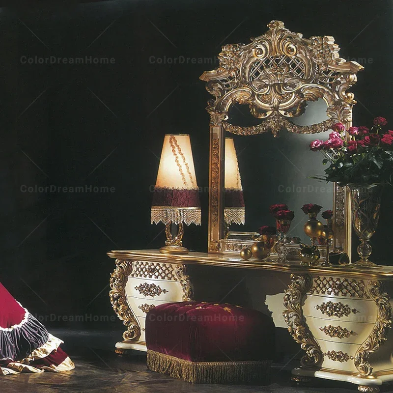 Coiffeuse Baroque Dorée avec Miroir et Tiroirs, Meuble pour Chambre à Coucher