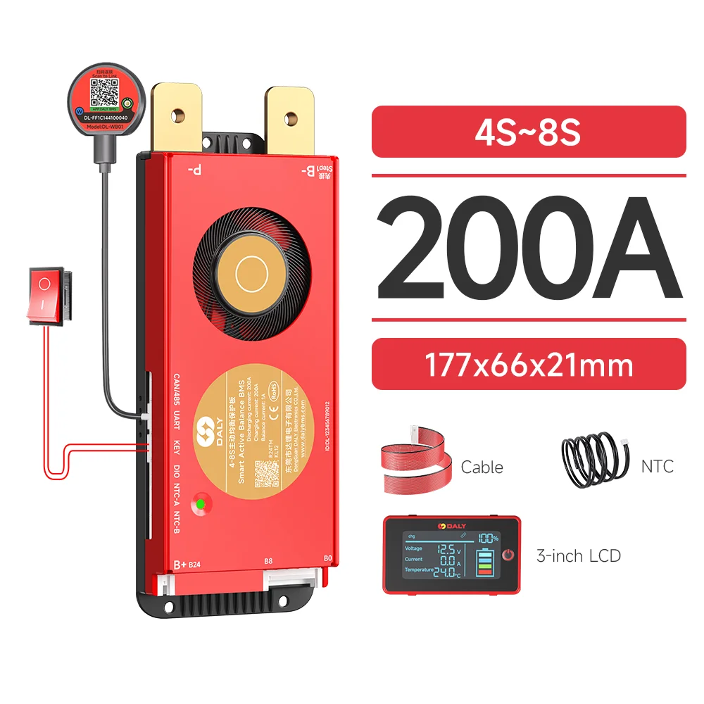 DALY Smart BMS 4S 8S 16S 40A 60A 100A 150A 200A 12V 24V 48V LiFePo4 1A Actieve Balancer BMS met LCD RS485 UART WIFI KEY