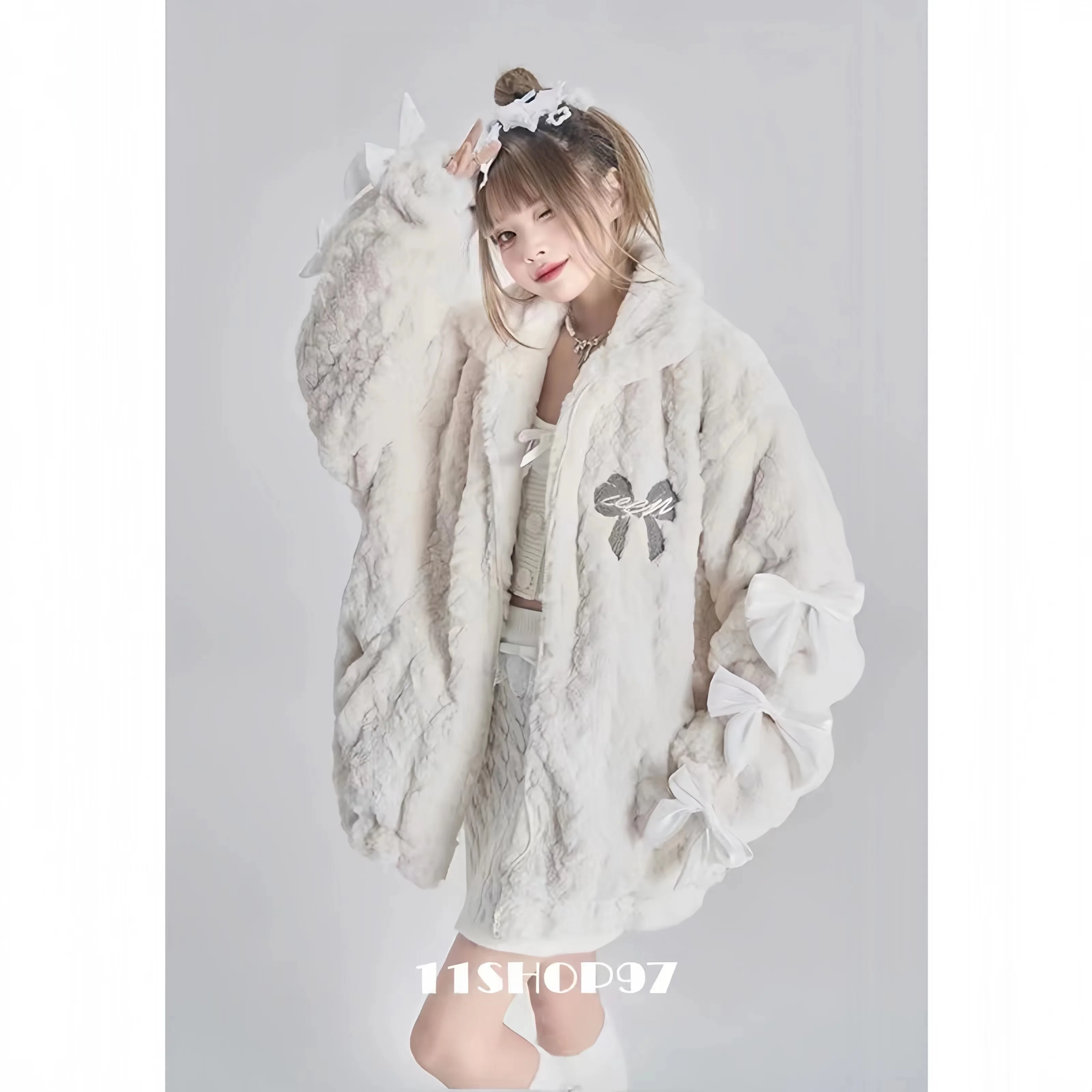 Faux Lamb Fur Coat for Women, Korean Bow Jacket, Loose Long Overcoat, Thick Warm Female Clothing, High Quality, New, Winter