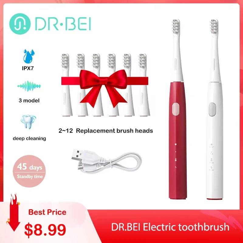 DR.Bei Y1 Sonic Electric ToothBrush Rechargeable 3 Models Waterproof Automatic Oral Cleaning Teeth with 2 Brush Heads For XiaoMi