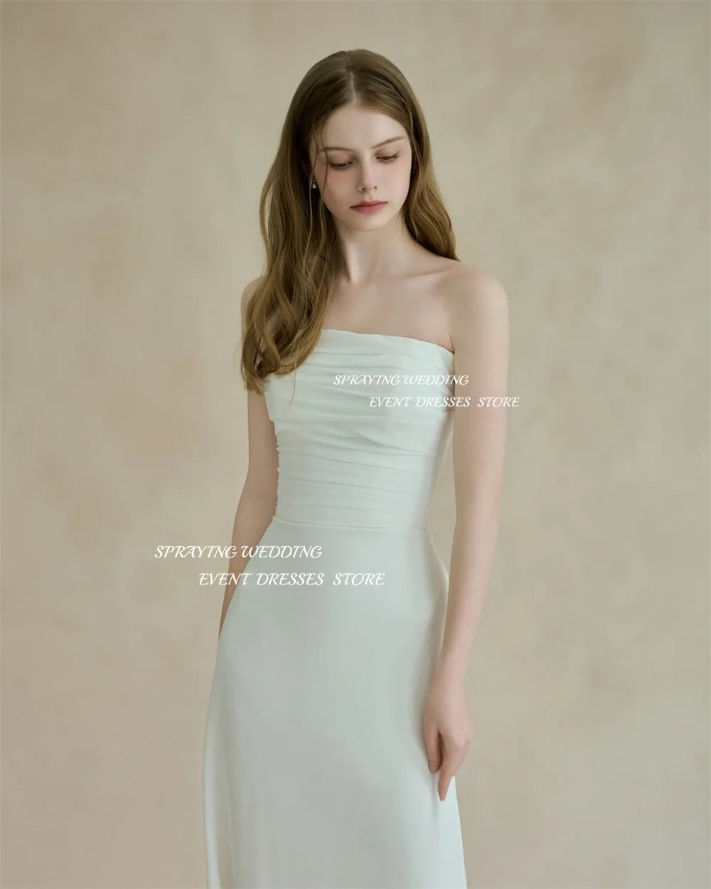 스프레이 심플 아이보리 웨딩 드레스 한국 사진 촬영 Strapless Pleat Floor-Length Bridal 가운 코르셋 웨딩드레스 맞춤형