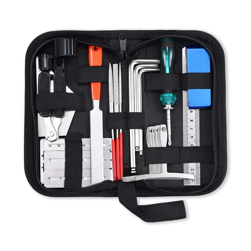 

New Guitar Repair Tool Kit, String Changing Tool, Wrench, Grinding File, Measuring Ruler, Stringer, Leveling Ruler, 25 In 1