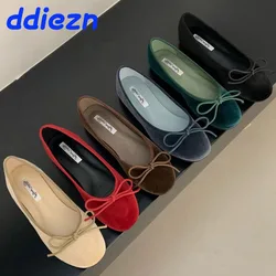 Red Fashion Silk Footwear Women Ballet Flats Shoes Designer Shallow Female Round Toe Butterfly-Knot Ladies Flats Slides Shoes