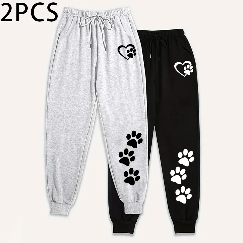 2 قطعة Sweatpants المرأة عادية بلون رياضي سراويل للجري الخريف الشتاء المنزل في الهواء الطلق الراحة لطيف القلب باو طباعة بنطلون