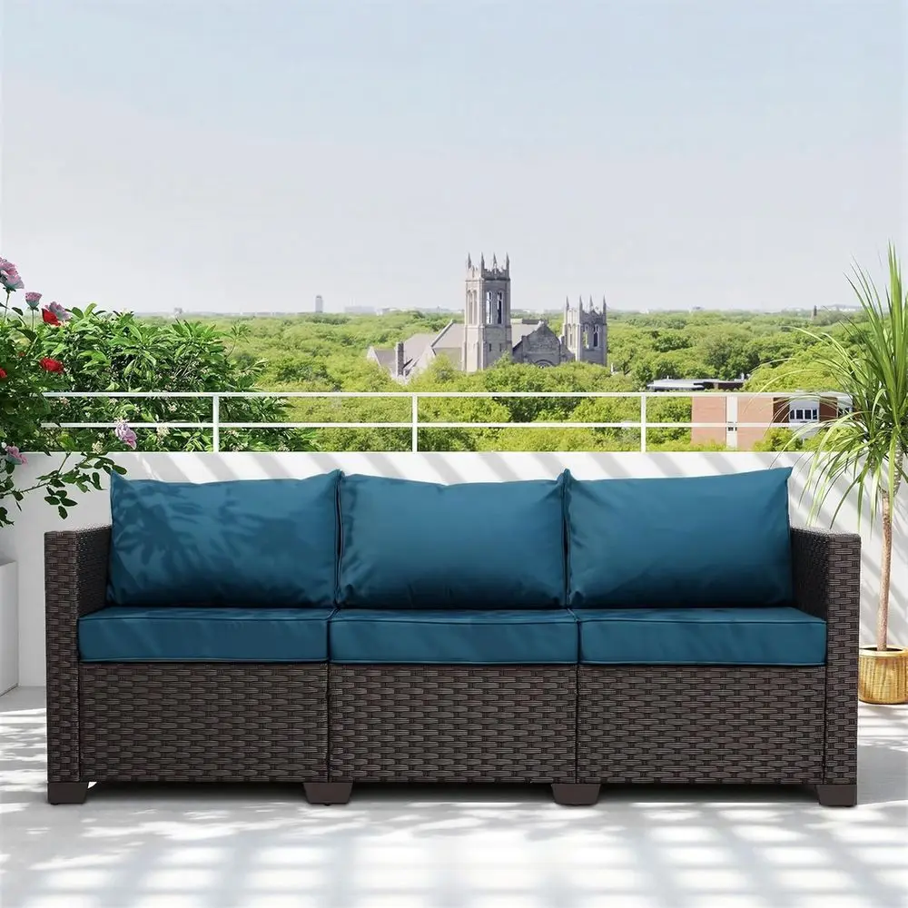 

3-Seater Deep Seat Outdoor Sofa in Brown Wicker with Waterproof Cushions, Peacock Blue
