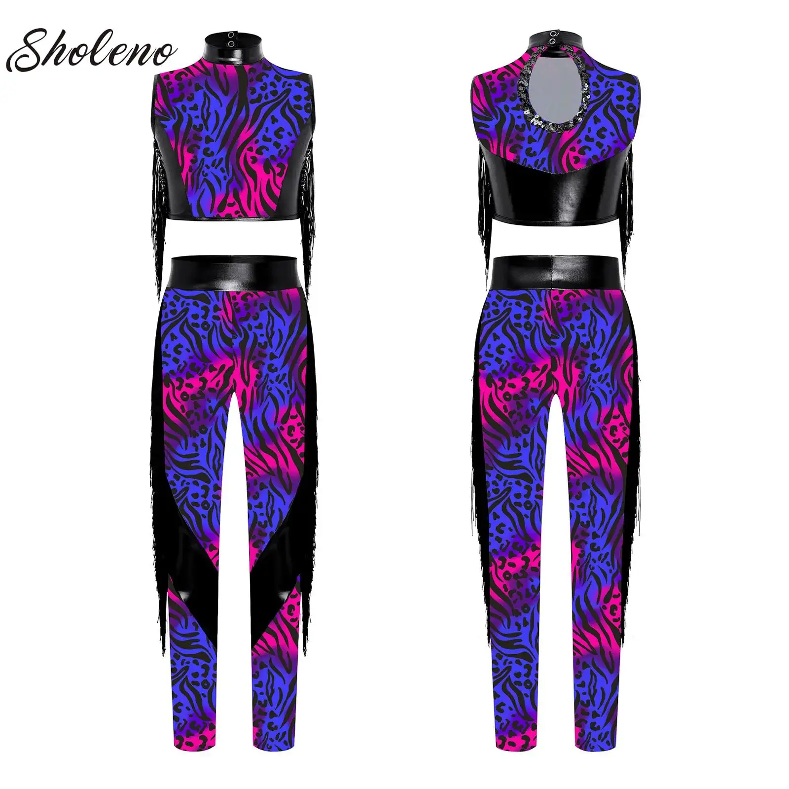 

Children Girls 2Pcs Jazz Street Dance Outfit Zebra-Stripe Athletic Activewear Rhythmic Gymnastics Stage Wear Performance Costume
