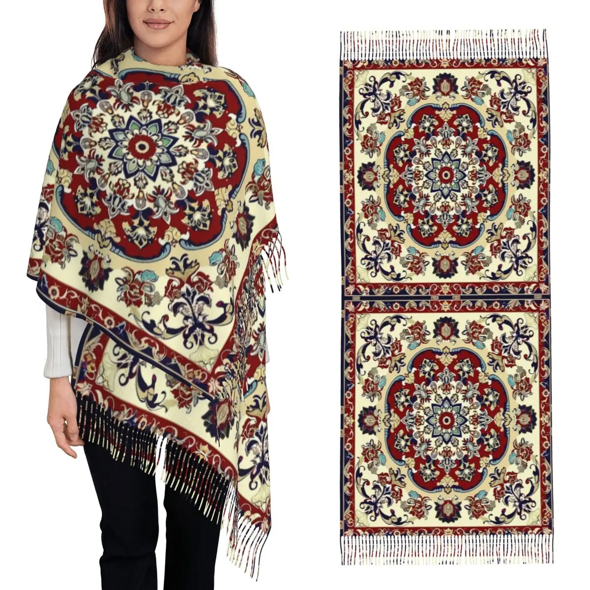 

Роскошный красный, синий антикварный цветочный персидский ковровый шарф, шарфы с кисточками, женские мягкие теплые шали и накидки, большая осенне-зимняя шаль