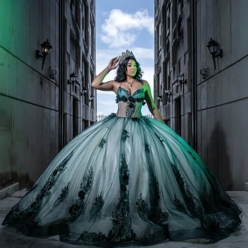 

Customized dark green Quinceanera Dresses Off the Shoulder Tull crystal 3D flower Long tail Vestido De 15 Quinceanera