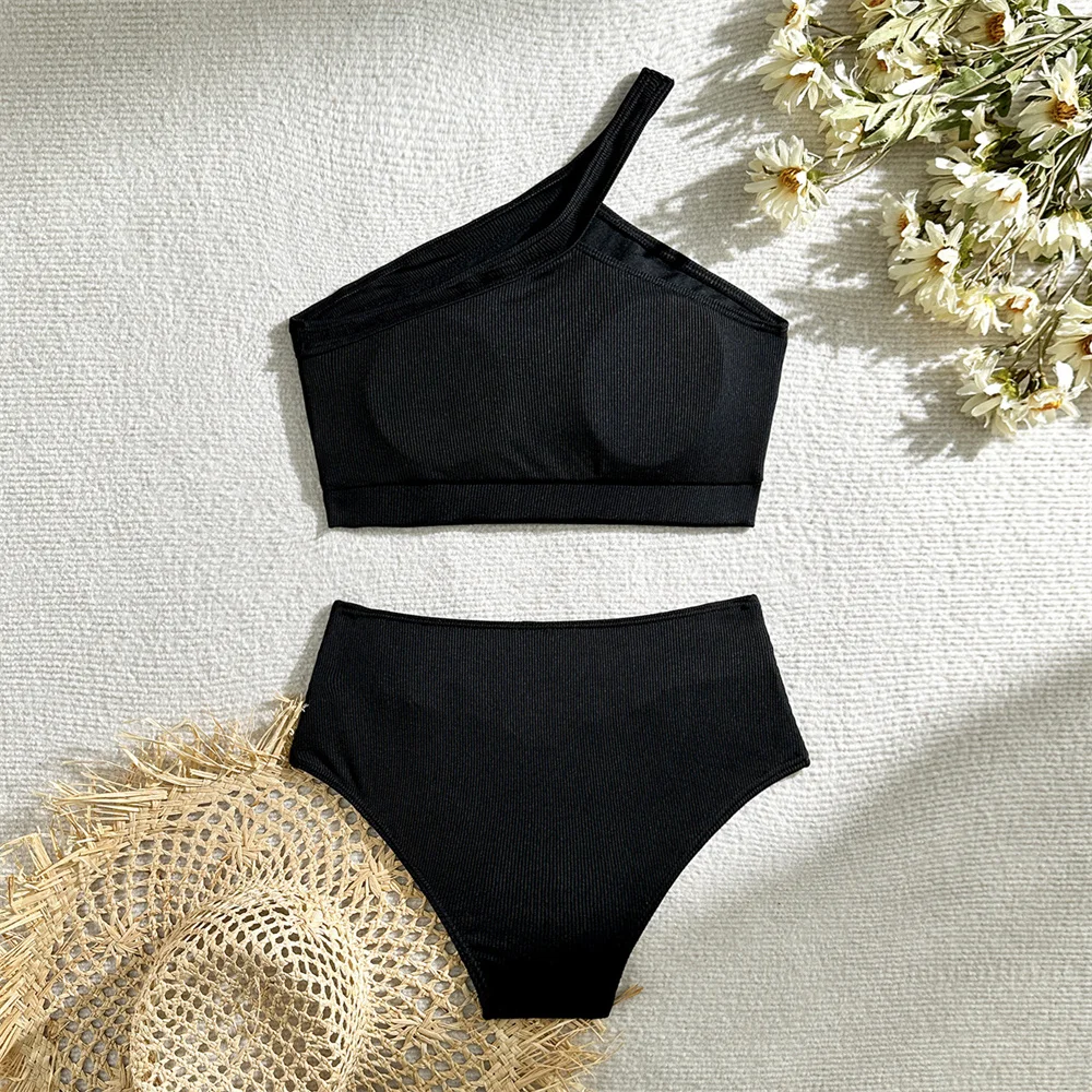 Sexy um ombro bandagem biquíni cintura alta maiô férias banho mulher coreano preto y2k biquinis conjunto beachwear maiô