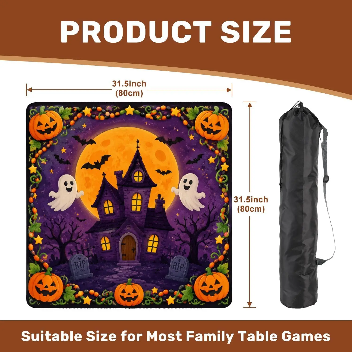 31.5 X 31.5 Inch Mahjong Mat with Bag Non‑slip Game Pad for Mahjong Poker Card Board Tile Games Haunted House Halloween Motif