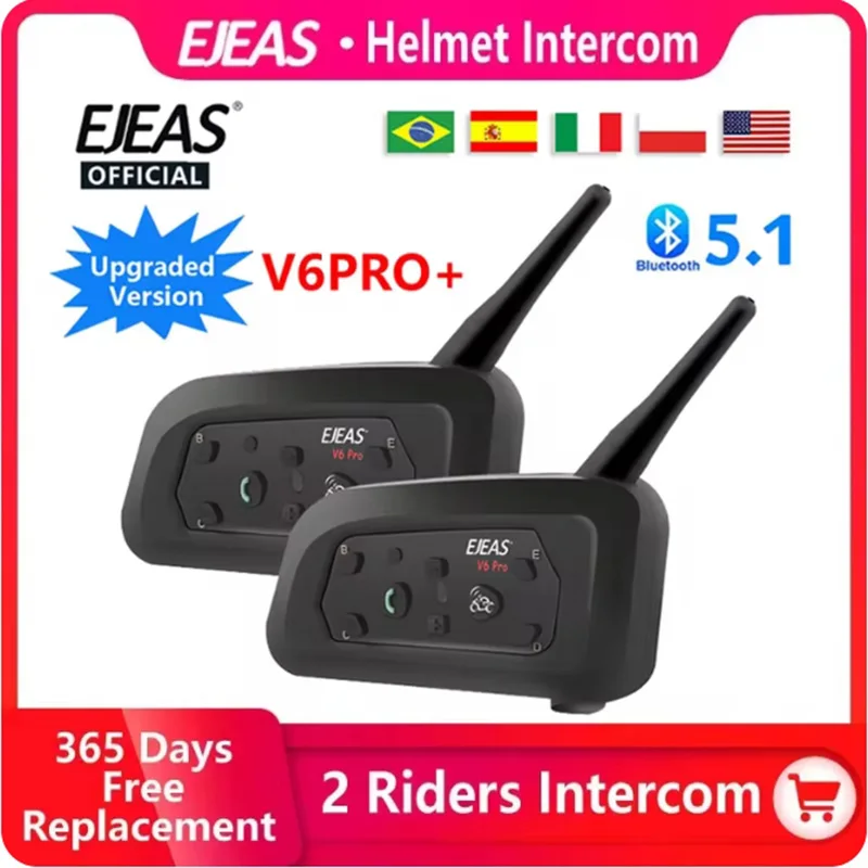 EJEAS V6 PRO+/ artı Motosiklet Interkom Kask Bluetooth Kulaklık 6 Riders 800 m Communicator Su Geçirmez Müzik Çalar Interkom