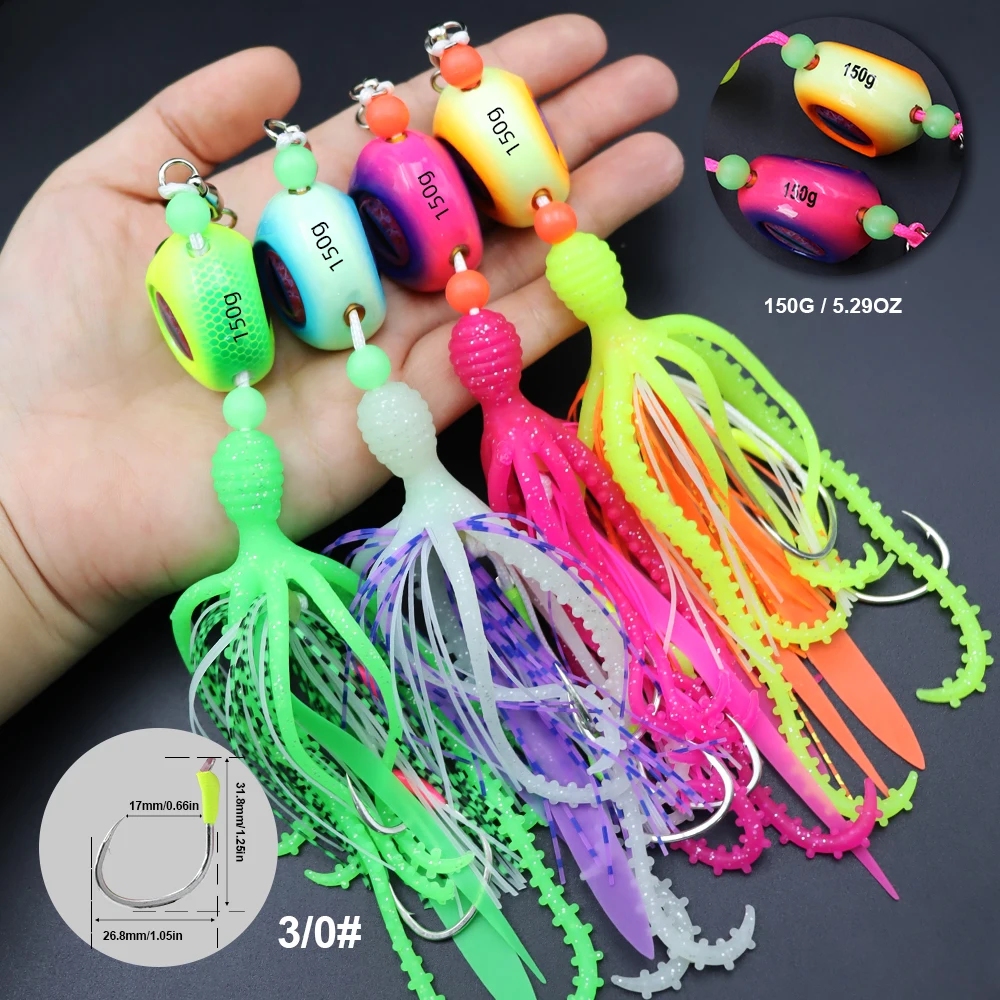 ZYZHE 1 Stück Meeresfischerei-Köder 120/150/200G Leuchtender JIG mit Weichem Oktopus-Köder Bootsfischen Schnurhaken Tiefsee-Angelköder – Detail 8