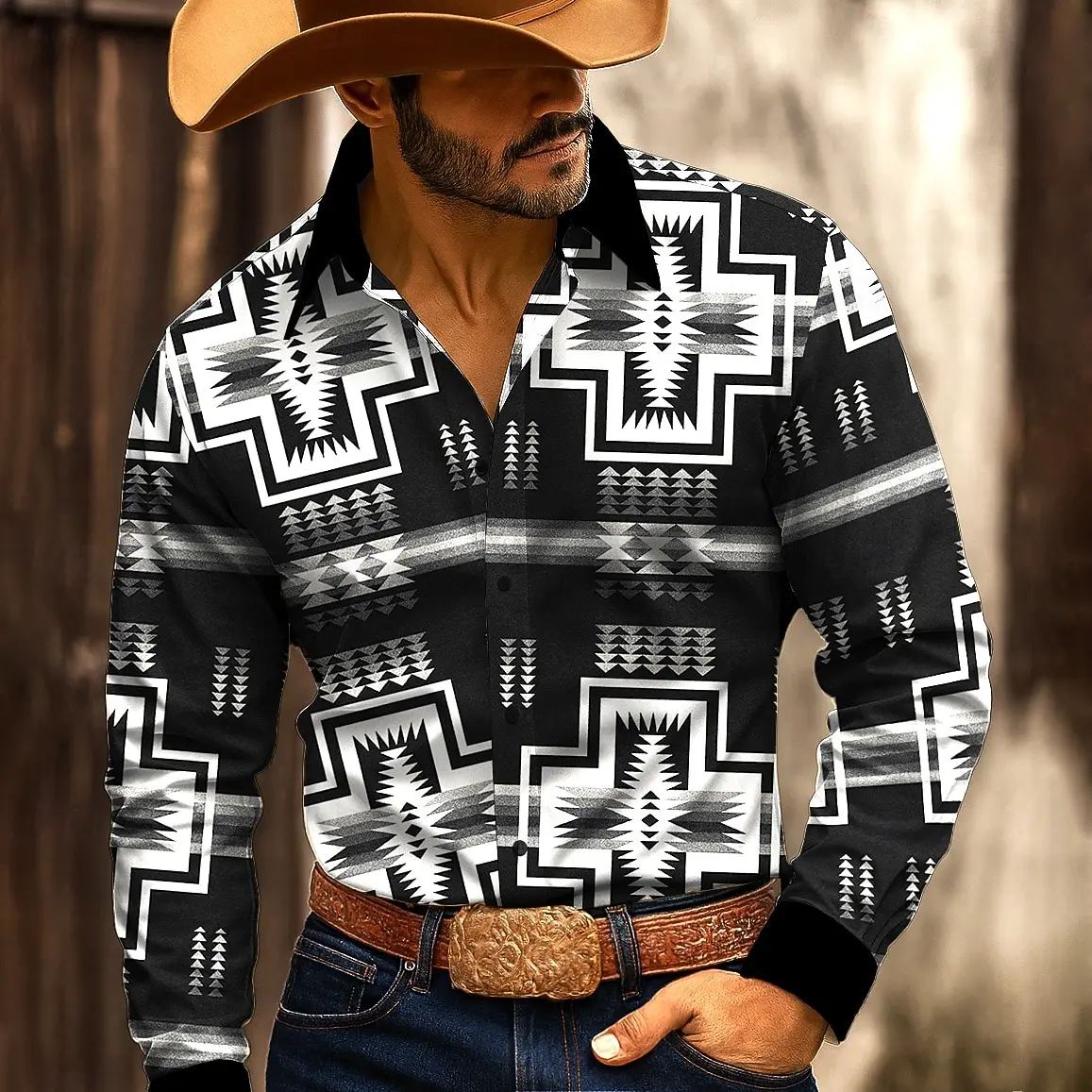 

Men's Long Sleeve Shirt Aztec Geometric Pattern Ethnic Shirt Western Shirt Streetwear Casual Comfort Polyester Slim Fit Shirts