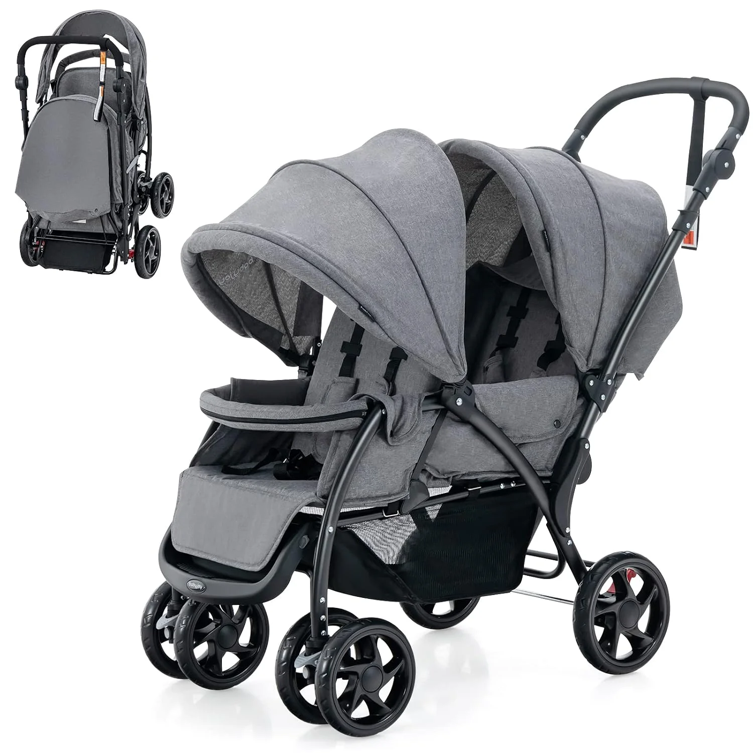 Klappbarer Doppelkinderwagen, Doppelkinderwagen mit verstellbarer Rückenlehne und Kapuze, Reisebuggy mit Liegefunktion – Detail 1