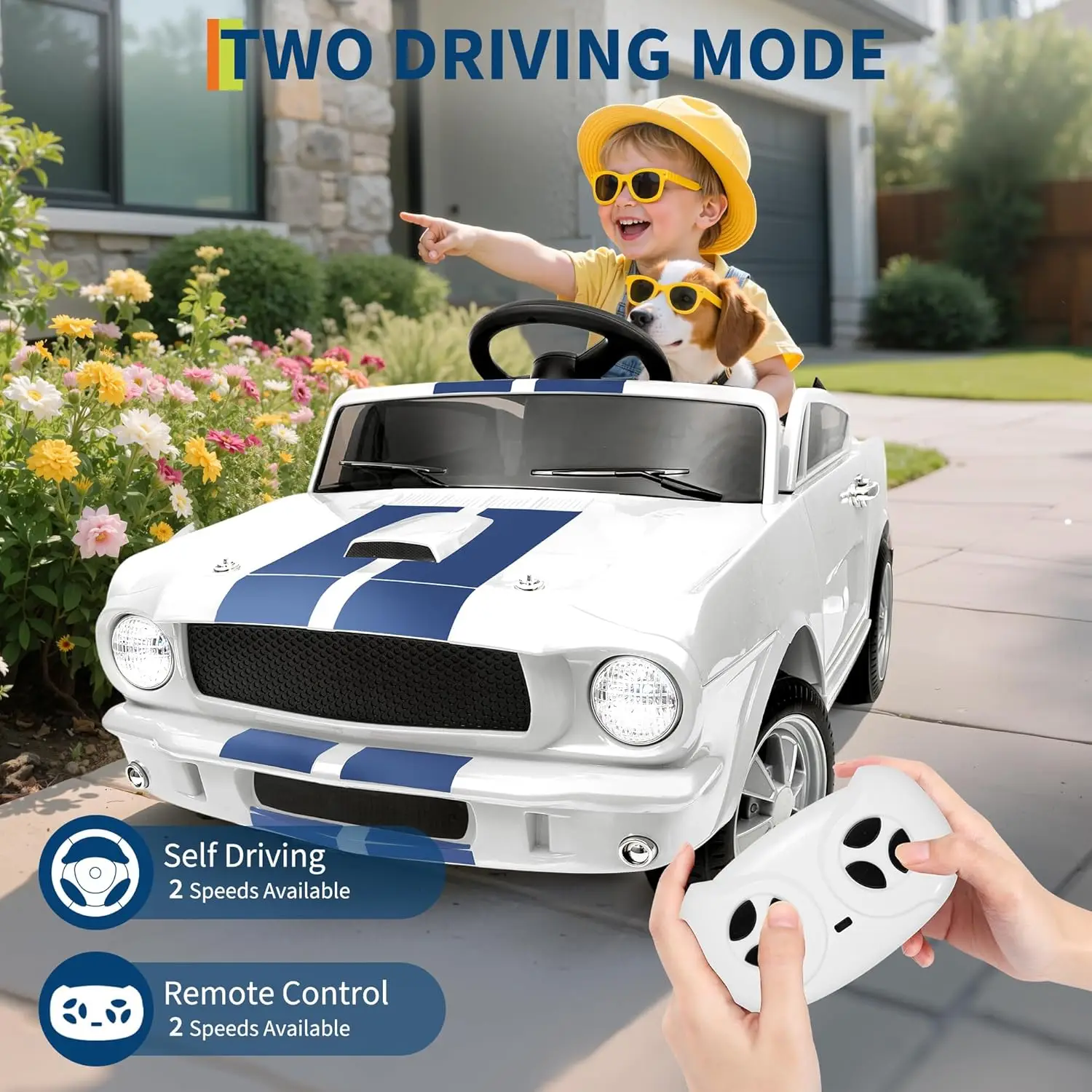 سيارة ركوب 12 فولت GT350 للأطفال الأولاد والبنات من عمر 3 إلى 7 سنوات مع حزام أمان للتحكم عن بعد وأضواء LED وموسيقى،