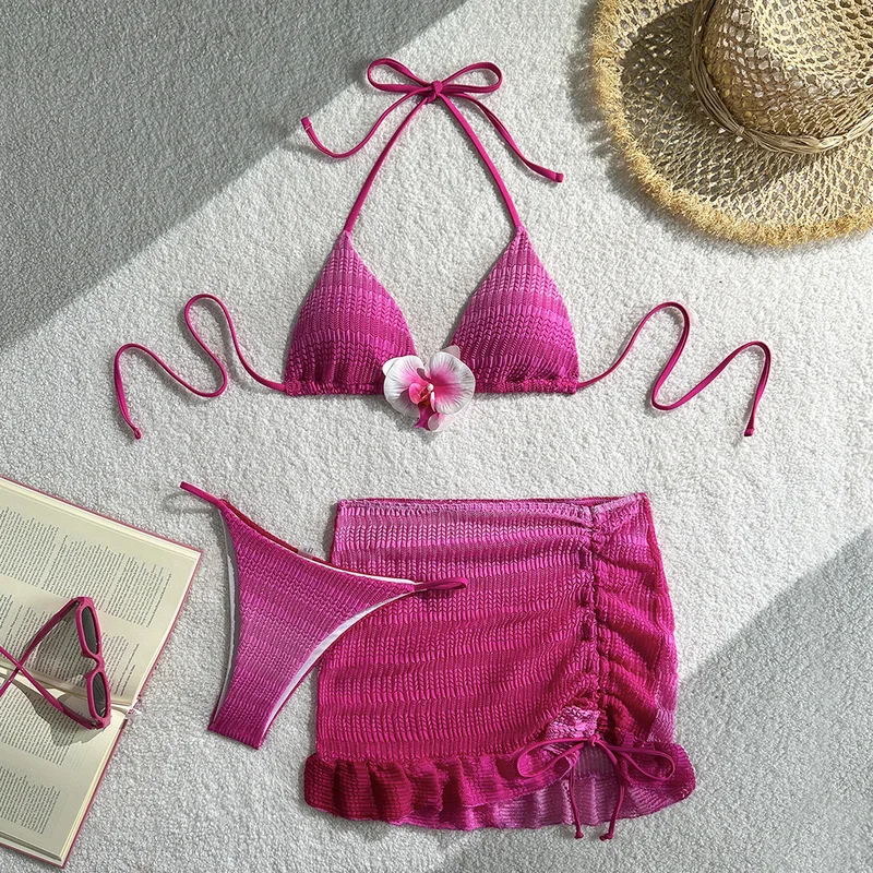 2026 New Sexy Gradient Mesh Bikini Set for Women Three Piece Beach Vacation Swimwear Trendy Summer Resort Fashion