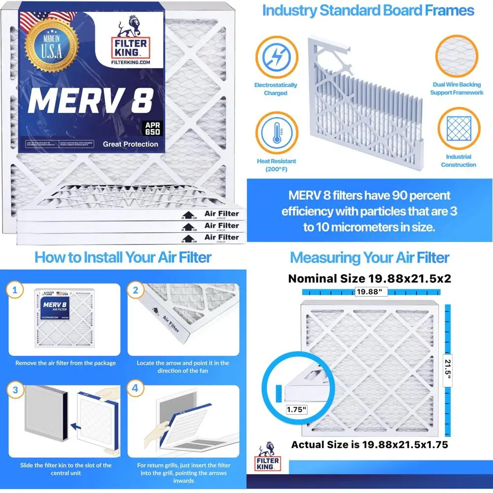 Filtry powietrza plisowane Merv 8 19,88x21,5 do systemów HVAC - 6 sztuk, wyprodukowano w USA, rzeczywisty rozmiar 19,88 x 21,5, wysokiej jakości filtry do pieców