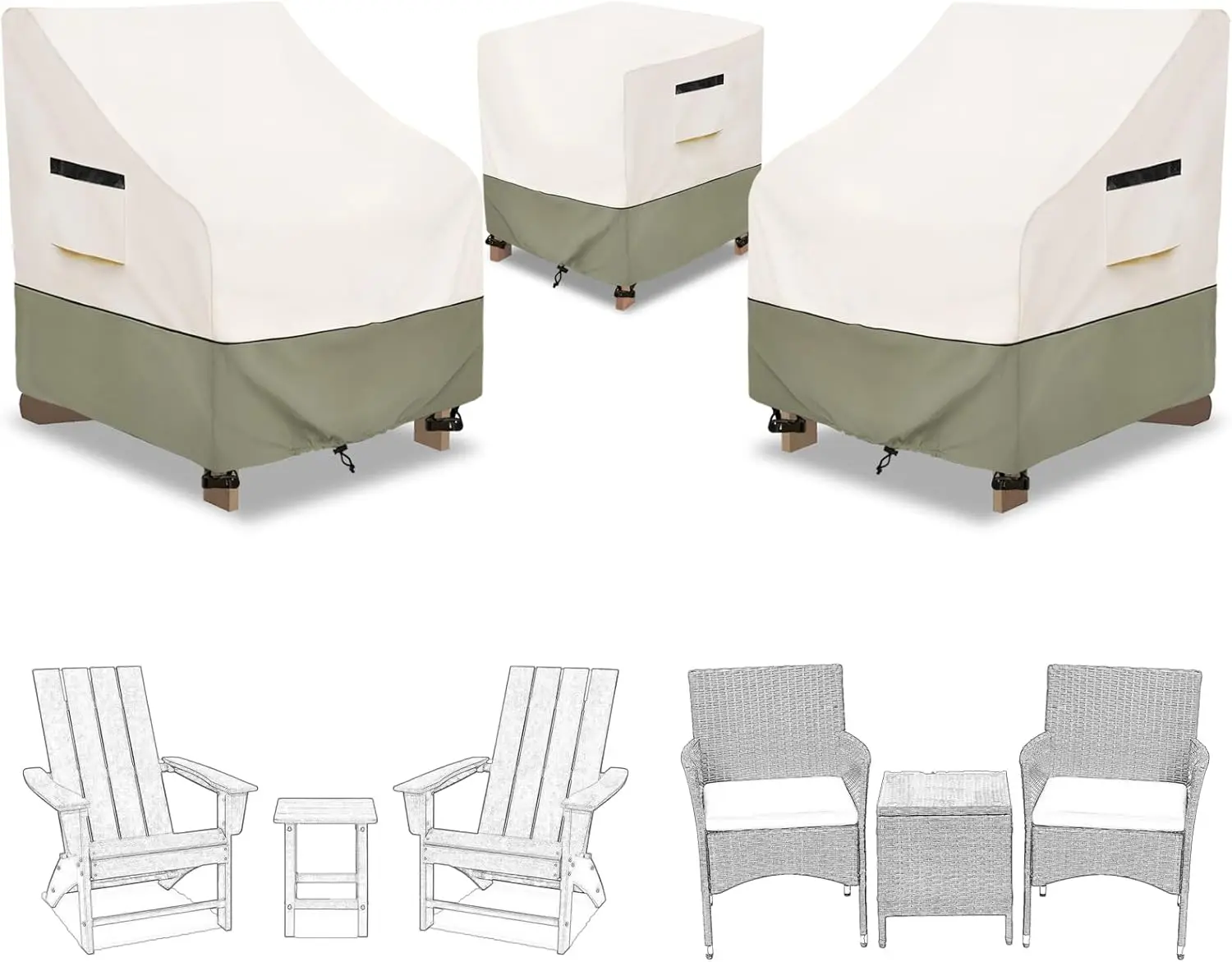 

Waterproof Outdoor Chair Covers for Adirondack Sets, 3 Piece Patio Furniture Cover with Handles & Drawstring, Beige