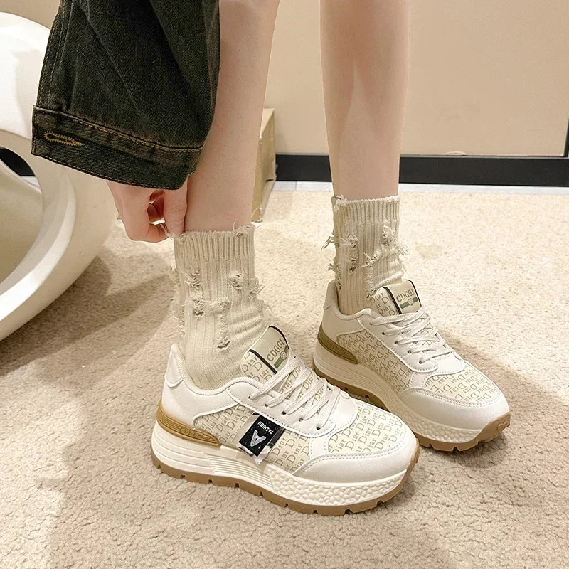 

New 2025 Fashion Womens Chunky Sneakers Lace Jacquard Platform White Spring Autumn Casual Dad Shoes Ladies Walking Sport Tennis