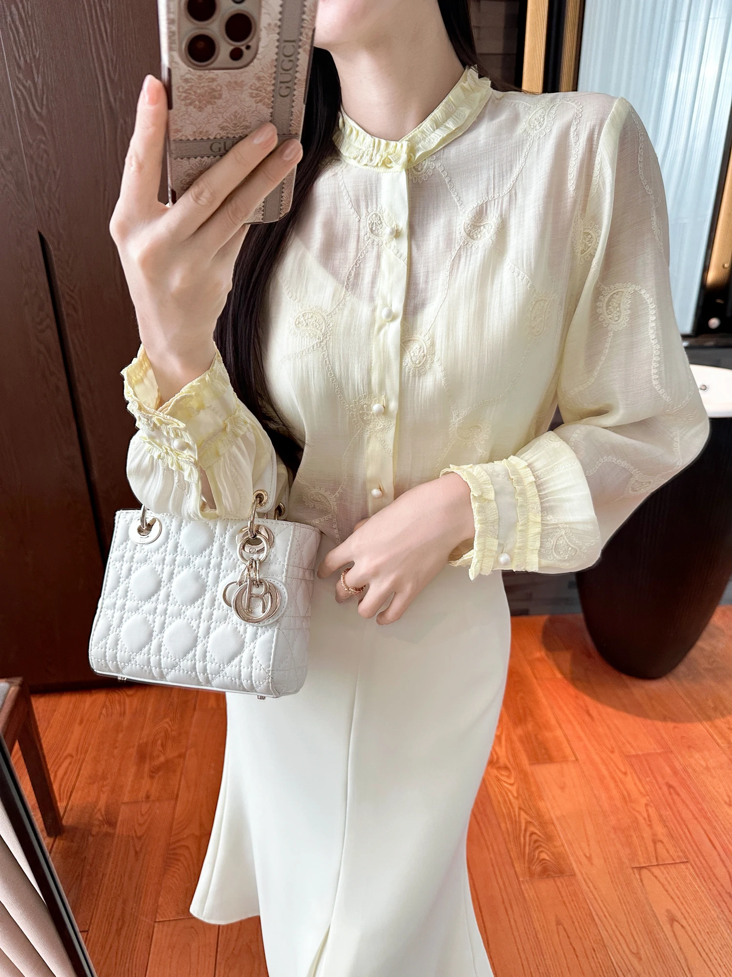 

Elegant Embroidered Shirt with Wooden Flounce 3D Floral Pattern Gentle Style Spring Atmosphere Boosting Women's Clothing
