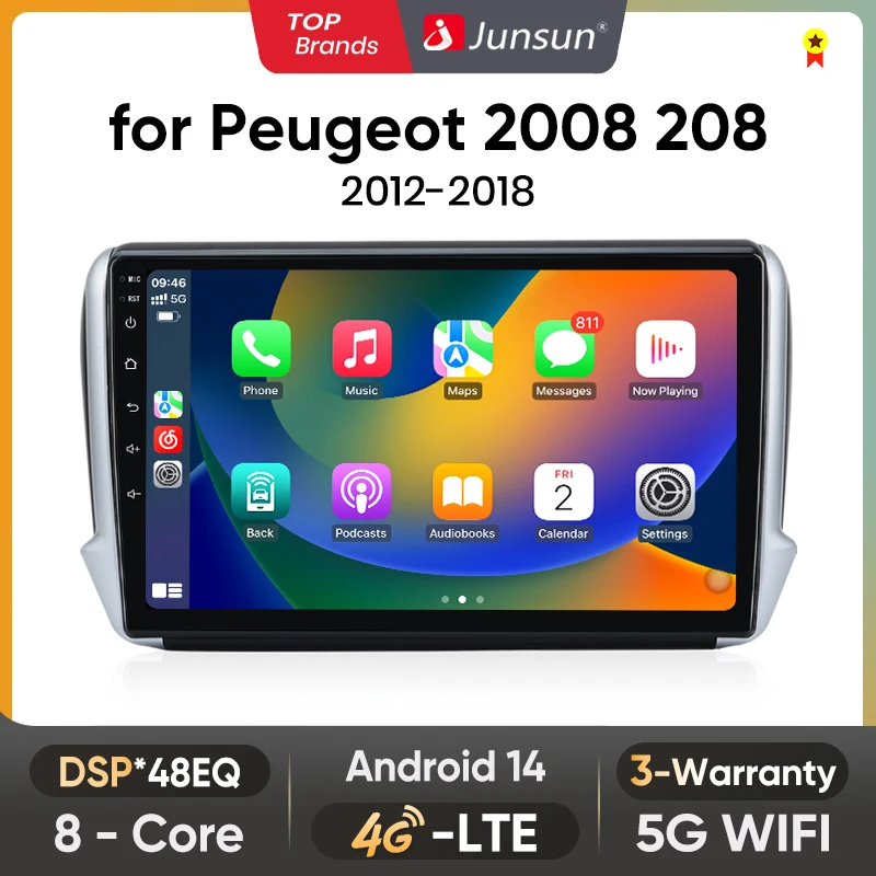 Junsun Android Kablosuz CarPlay Oto Araba Radyo Peugeot 2008 208 2012-2018 Araba Akıllı Sistemler DSP SWC RDS GPS FM BT