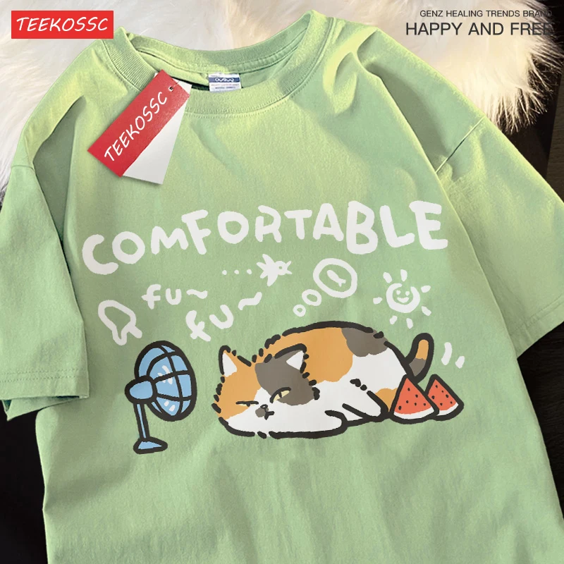 Comfortable Three Flowers Casual Loose Summer Breathable Short Sleeved T-shirt Men Women Stubborn Watermelon Blowing Fan Cotton