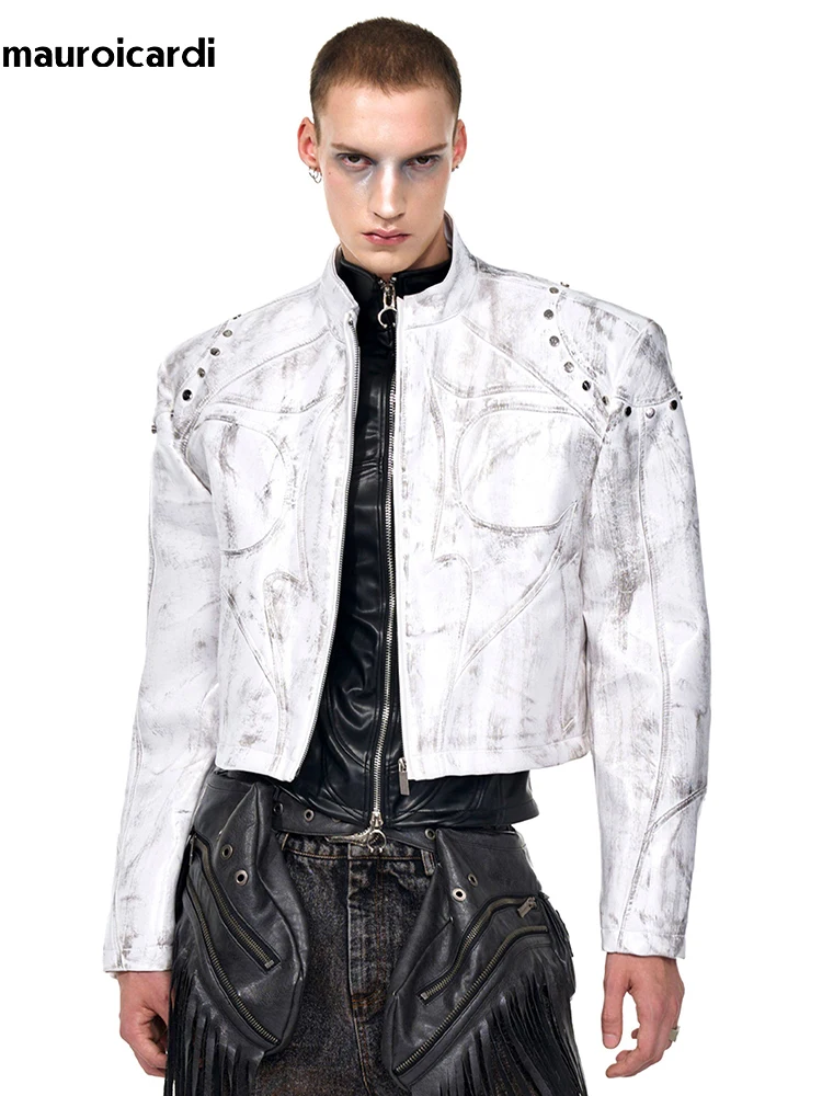 

Куртка-косуха Mauroicardi из искусственной кожи для мужчин, весна-осень, с заклепками, молнией и накладками на плечах, дизайнерская, люксовая, уличная одежда