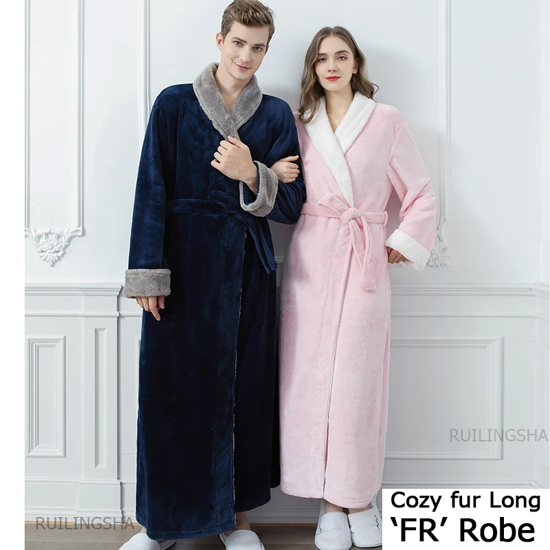 Lovers Plus Size Hooded Extra Long Warm Bathrobe Thick Flannel Men Women Winter Bath Robe Cozy Coral Fleece Dressing Gown Spa