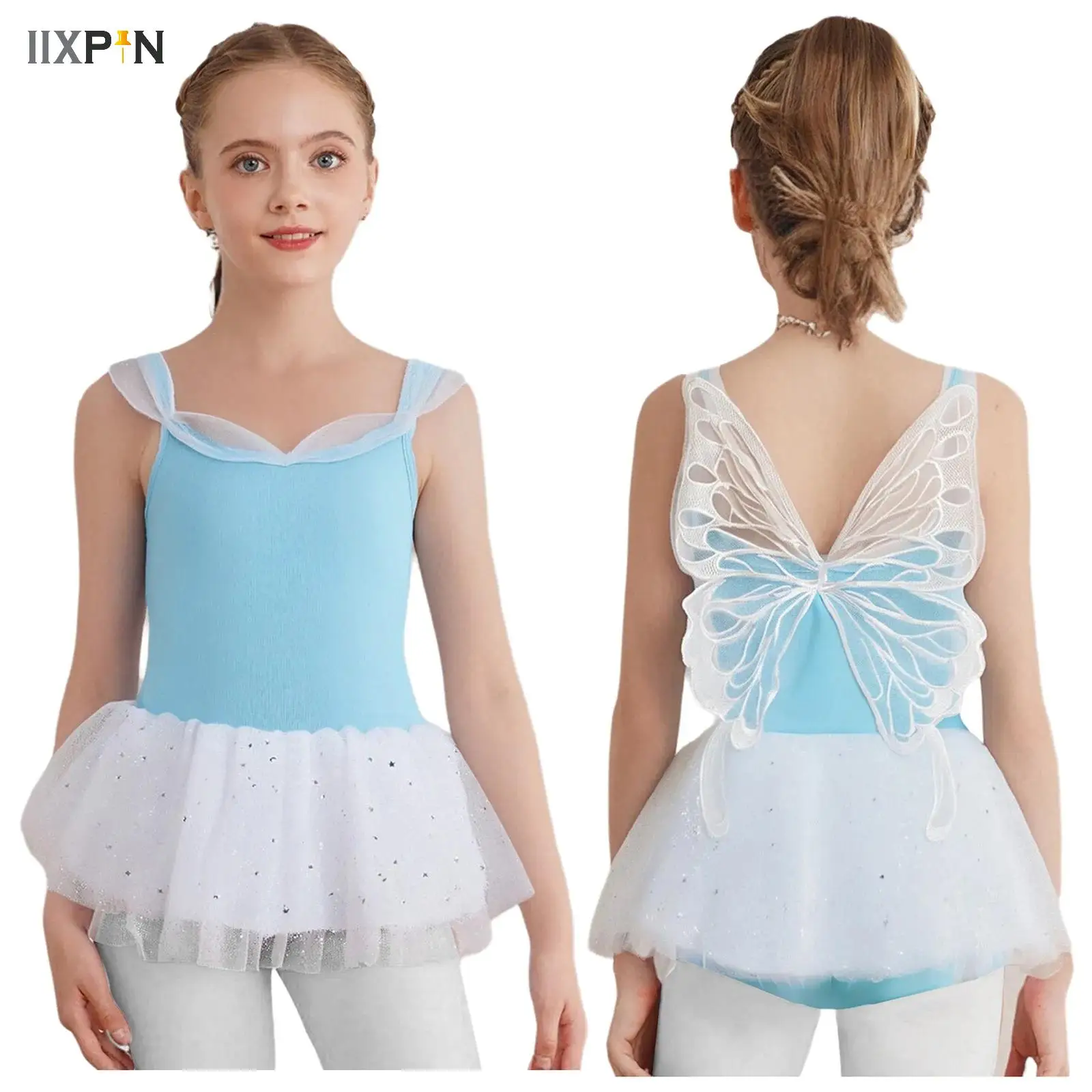 

Child Girls Ballet Butterfly Dancewear Leotard Gym Train Sleeveless Bodysuit with Tutu Skirt Cute Princess Performance Costume