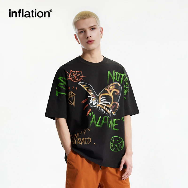 INFLATION Men's Graffiti Print Cotton T-Shirt Street Style Loose-Fit Casual Short Sleeve