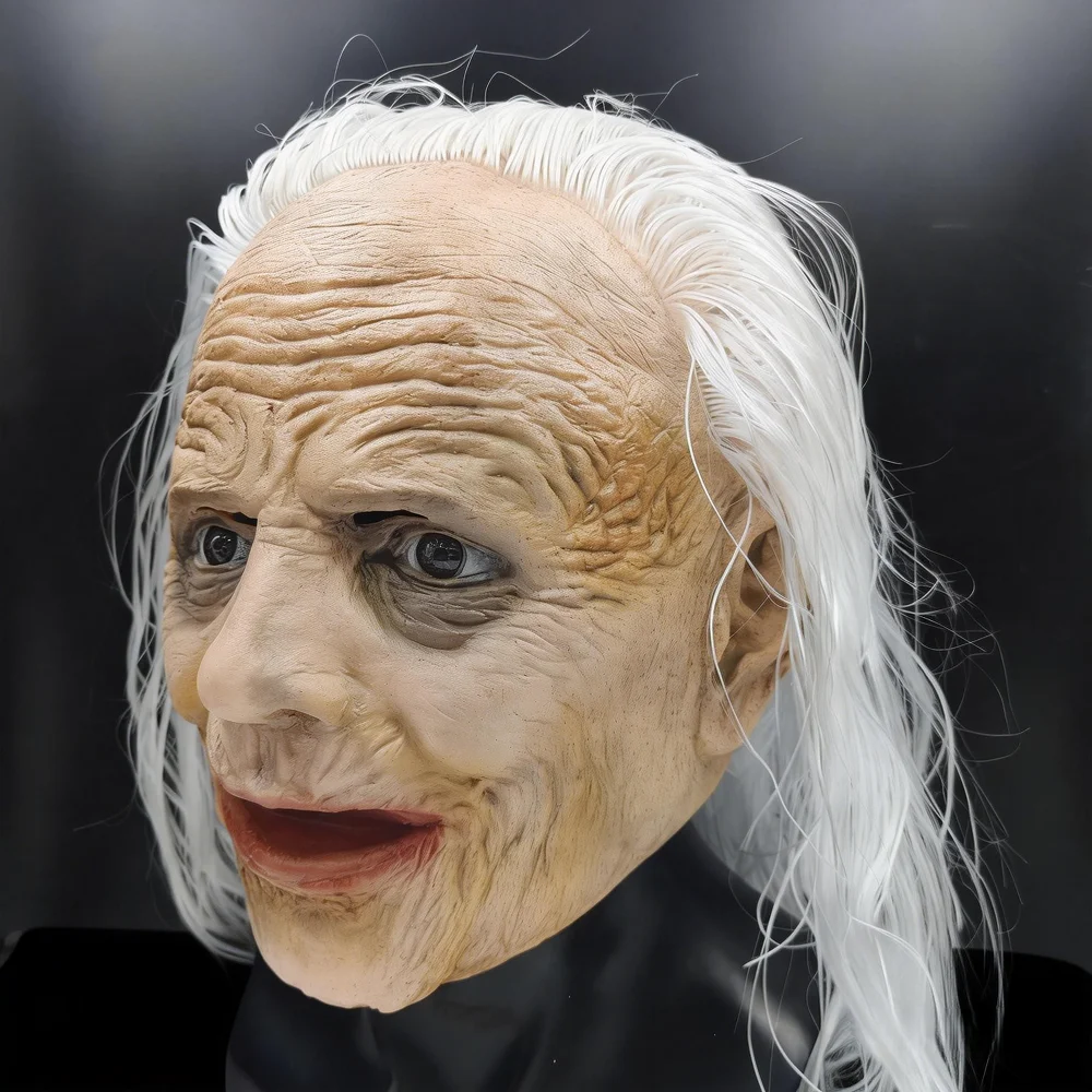 Realistic Latex Grandma Mask With White Hair Halloween Horror Cosplay Party Mask Everyday Pranks Prop Scary Costume Accessory