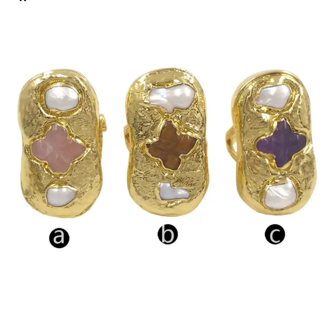 

WT-MPR154 Colorful Cross Stone& Freshwater Pearl Big Charms 18k Gold Plated Opeaning Ring For Unisex Cocktail Party Decorated